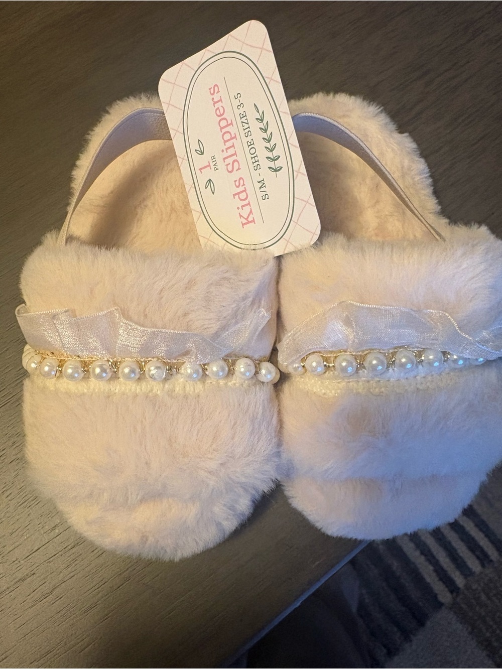Fuzzy Pearl-Trim Kids Slippers in Light Pink